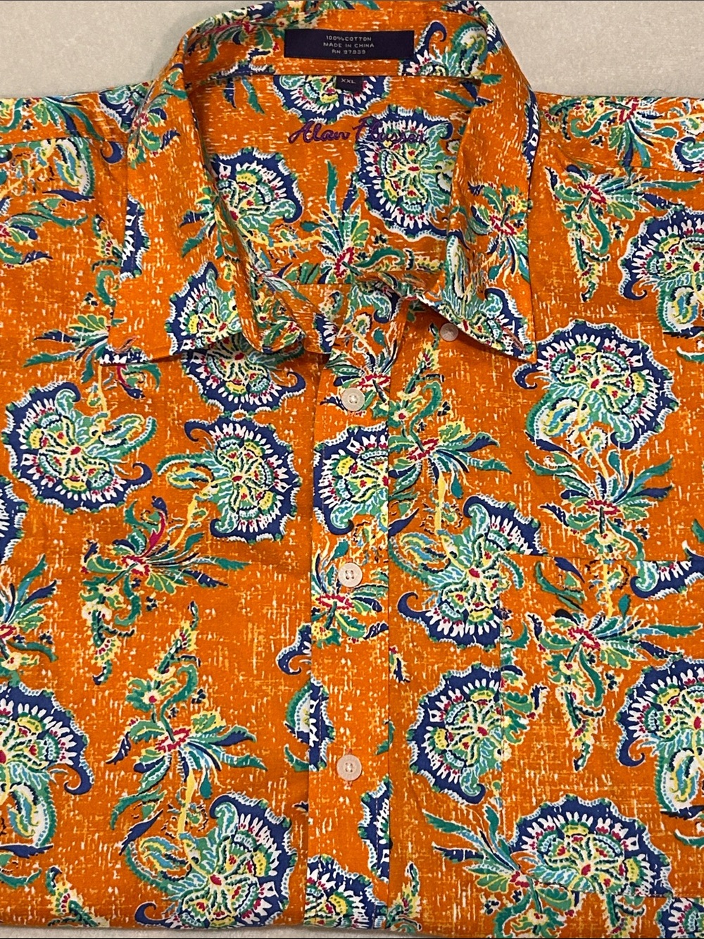 Alan Flusser Mens XXL Short Sleeve Shirt Cotton Orange Teal Bold Paisley Floral